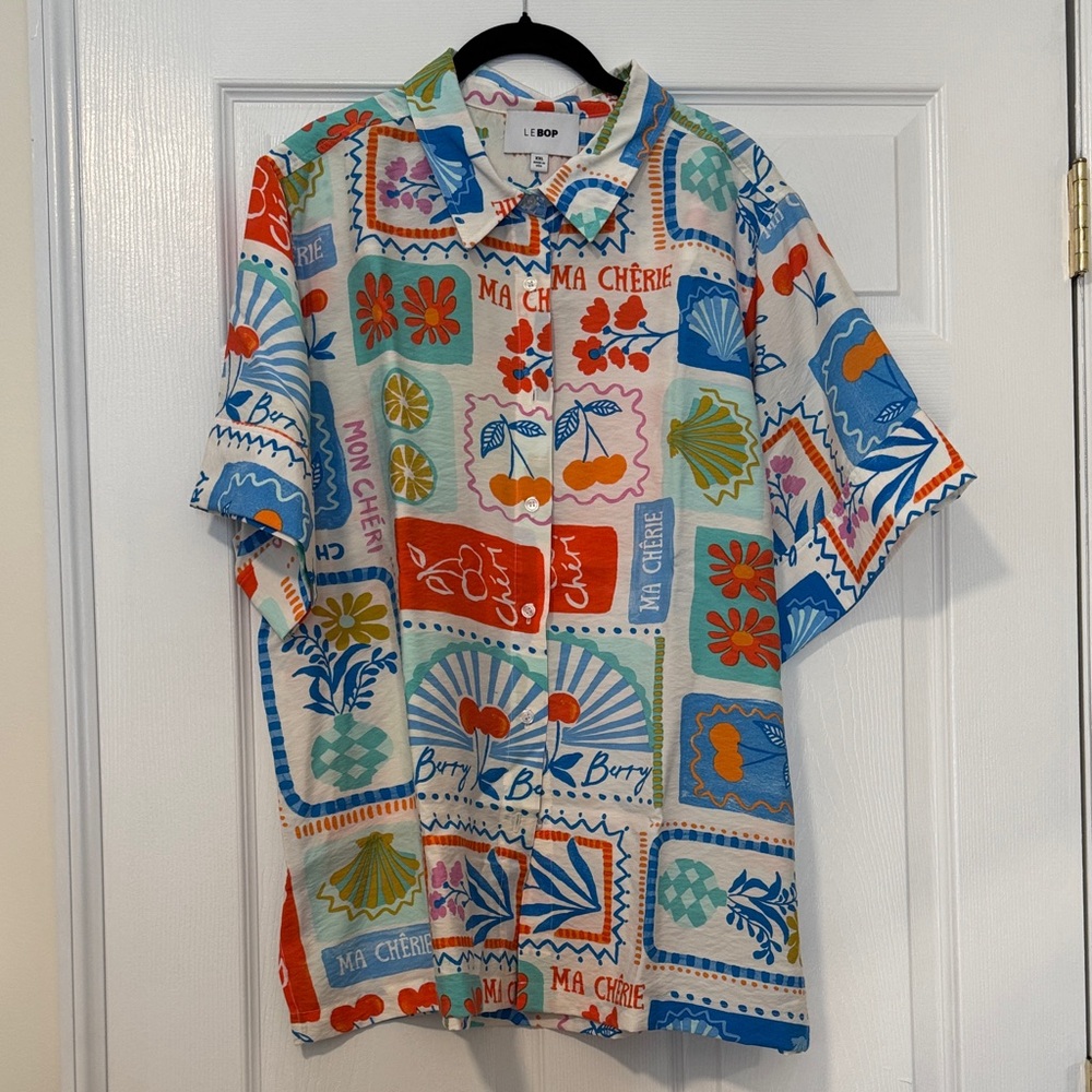 Le Bop ‘Cecelia’ Fruit Medley Multi-Color Short Sleeve Button-Up Shirt Size XXL